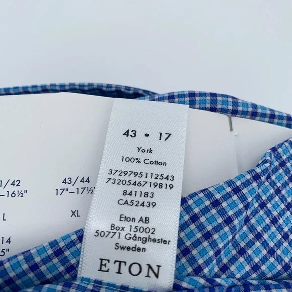 Eton Dress Shirt Mens XL 17 - 43 Slim Fit Blue White Plaid York Button Up